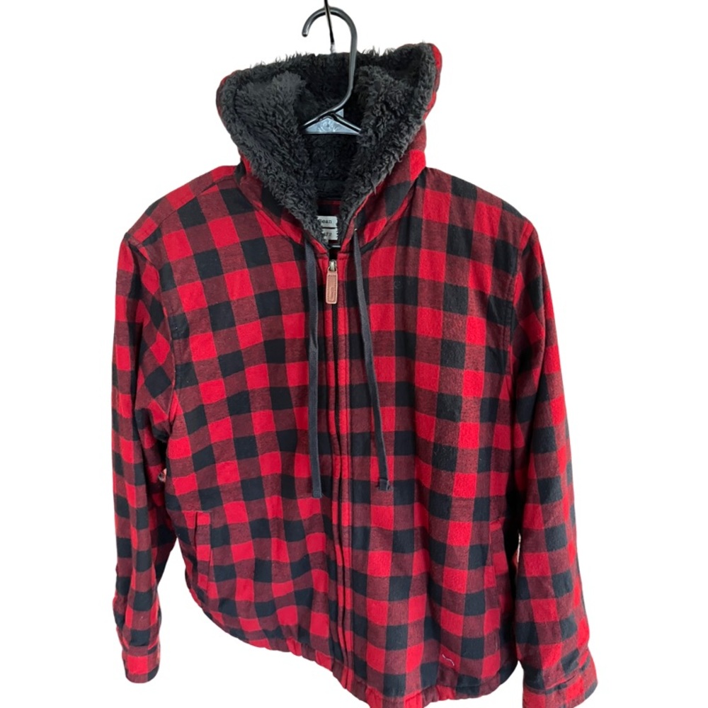 LL BEAN FAUX FUR LINED PLAID ZIP UP HOODIE SIZE LARGE PETITE